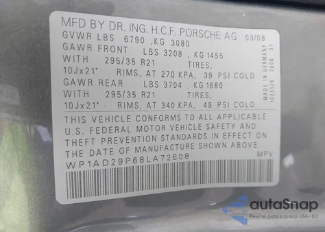 2008 Porsche Cayenne Gts z USA, uszkodzony, nr VIN WP1AD29P68LA72608